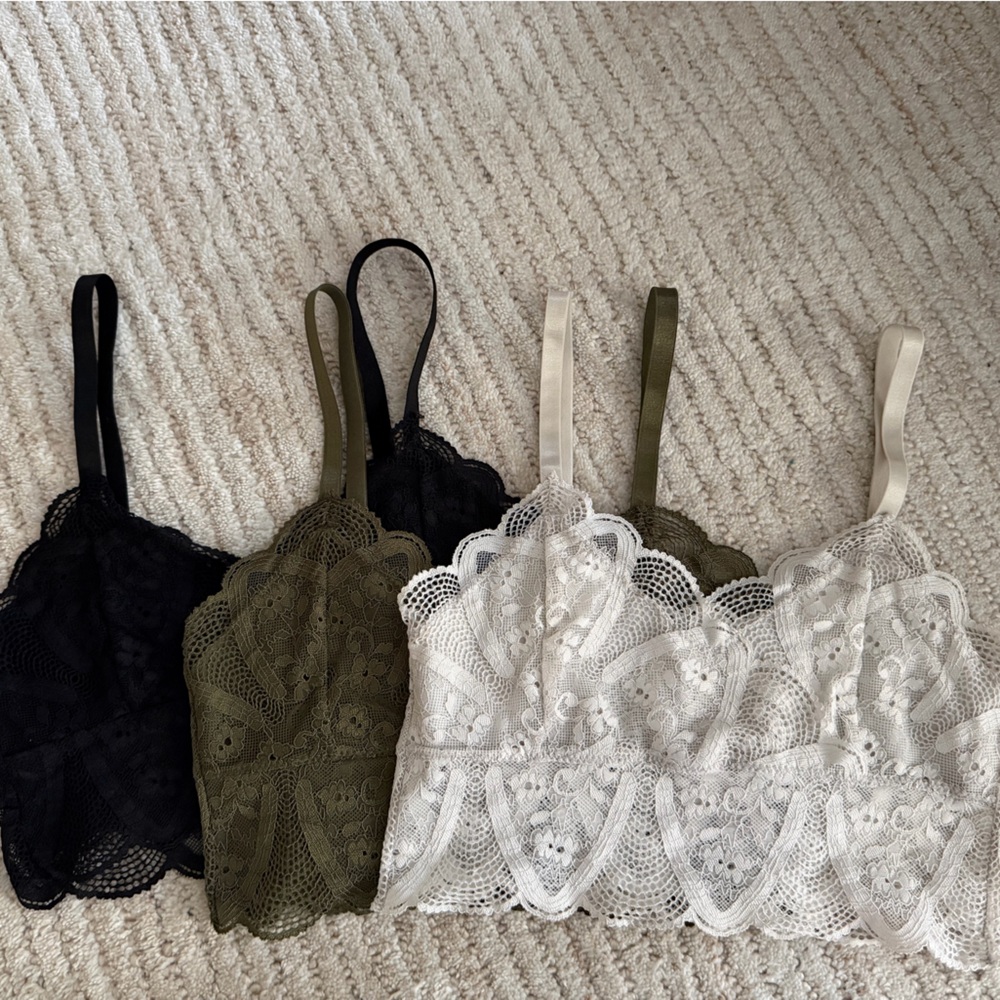 Carly Jean Los Angeles Lace Bralette Trio in Black, Olive, and Cream